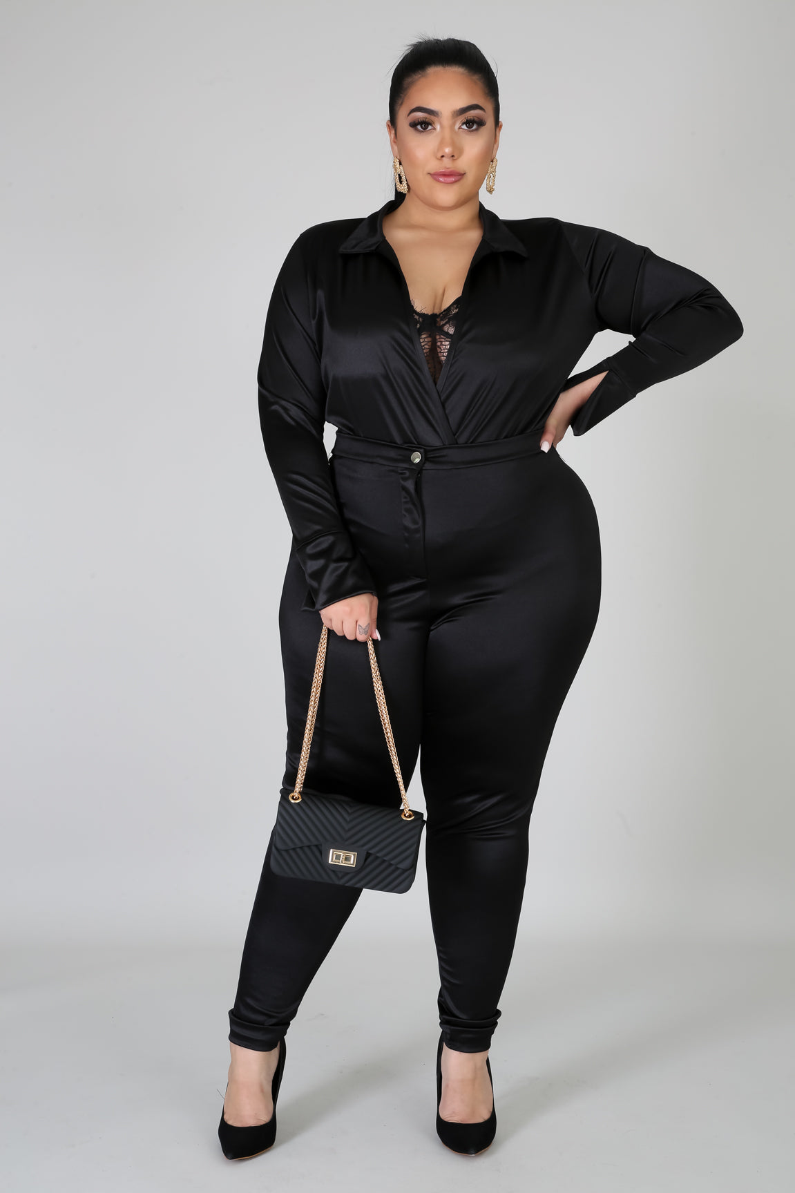 Plus Size Satin Body Suit Set