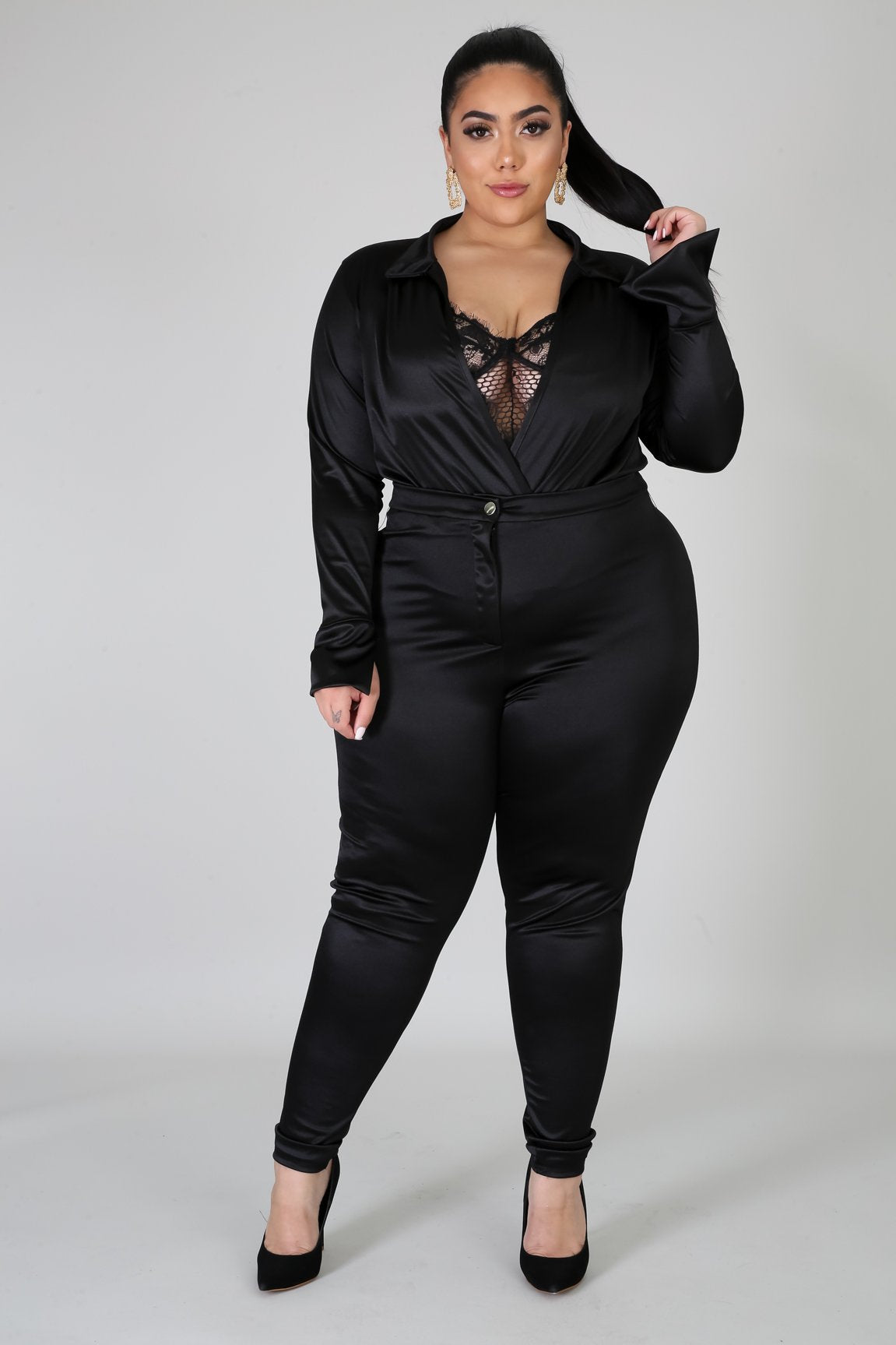 Plus Size Satin Body Suit Set